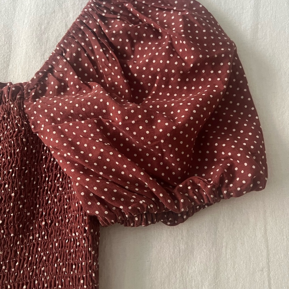 J. Crew Brown and Orange Puff Sleeve Smocked Peplum Blouse - Picture 3 of 4